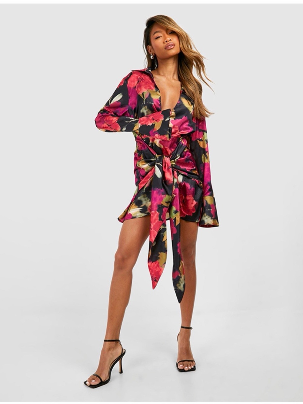 NWT Boohoo black tie floral satin mini dress
